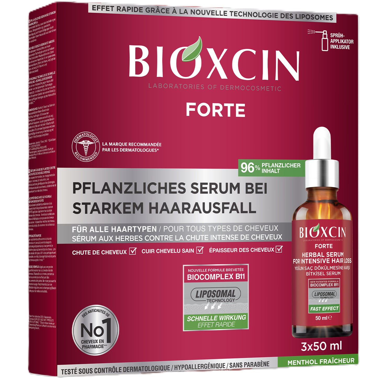 Bioxcin Forte Pflanzliches Serum 3x50 ml - Gegen Starken Haarausfall - Für Kräftiges & Dichteres Haarwachstum - Mit BioComplex B11