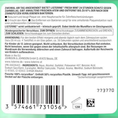 Listerine Fresh Mint Mundspülung 500ml - Antibakteriell, 24 Stunden Schutz